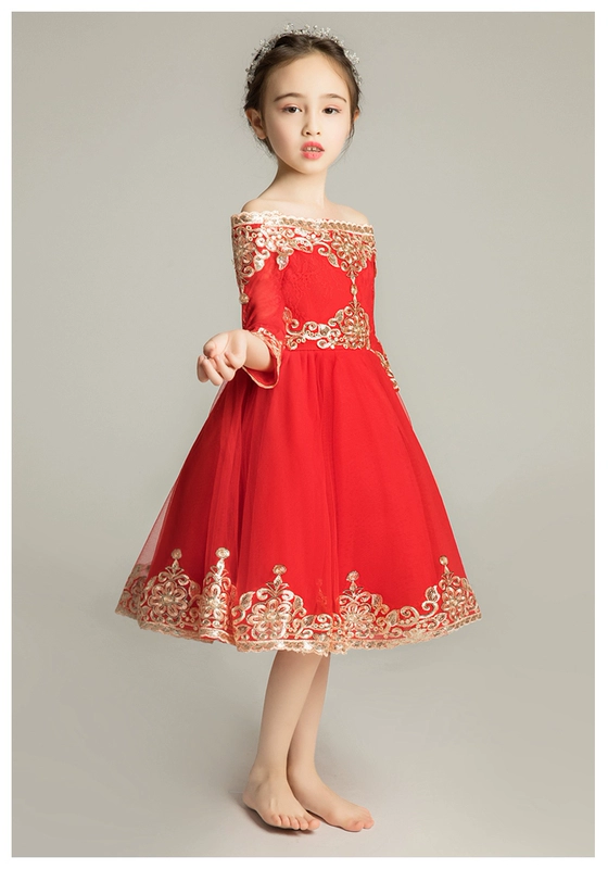 Trẻ em váy cô gái công chúa váy fluffy sợi màu đỏ trang phục piano catwalk hoa cô gái chủ tiệc cưới - Váy trẻ em
