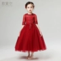 Váy trẻ em váy cô gái công chúa váy cưới tutu rượu vang đỏ dài hoa cô gái máy chủ đàn piano trang phục đầm trẻ em cao cấp