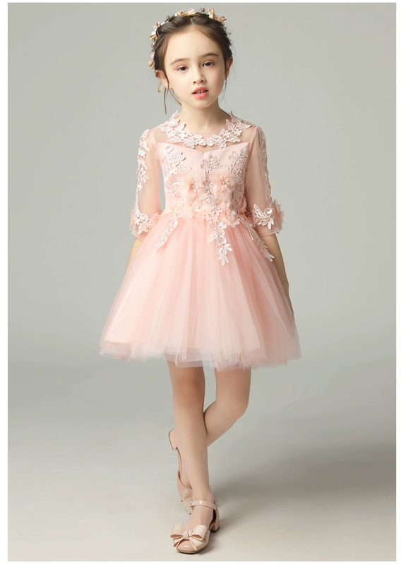 2019 phong cách nước ngoài trẻ em mới váy công chúa tay ngắn váy sáu mươi mốt cô gái biểu diễn quần áo màu hồng váy cưới phồng - Váy trẻ em