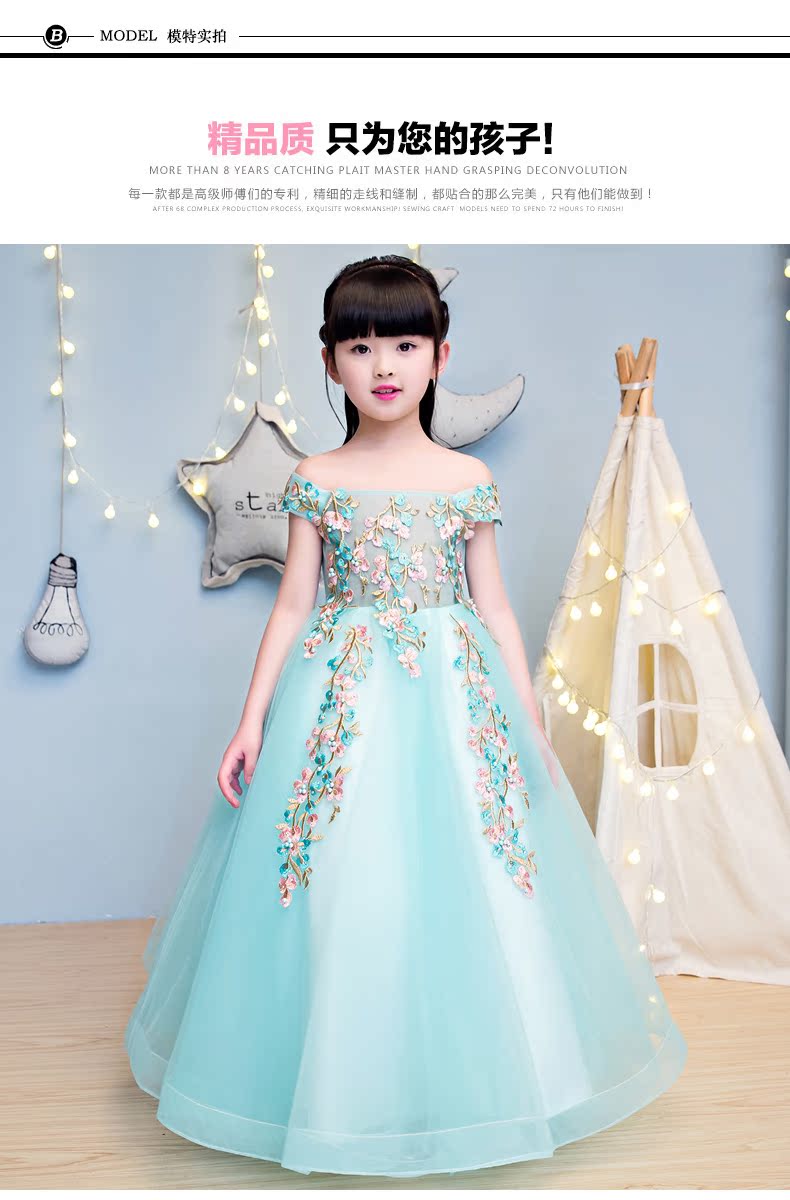 Trẻ em buổi tối ăn mặc công chúa váy cô gái từ vai đàn piano trang phục hoa cô gái chủ sàn catwalk fluffy váy cưới quan ao tre em