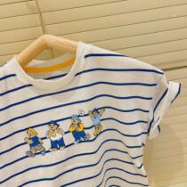 Baby donning wont take it ~ Nicole summer male and female baby cartoon small bear striped short sleeve pure cotton blouses