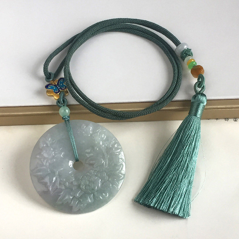 Myanmar natural jade A goods flower rich and precious peace buckle pendant Female goods A goods flower rich and precious peace buckle sweater chain