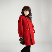 Double-sided woolen cashmere coat for boys and girls childrens hooded new autumn and winter Korean style 100% woolen woolen mid-length coat