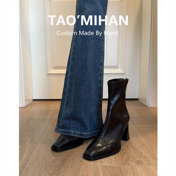 High-Heeled Short Boots for Women 2025 Autumn and Winter New Square-Toe Martin Boots Black Fleece-Lined Thick Heel Elastic Slim Boots