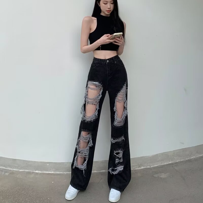 American High Street Ripped Jeans for Women, Summer High-Waisted Straight Loose Slimming Black Fringed Design Distressed Long Pants