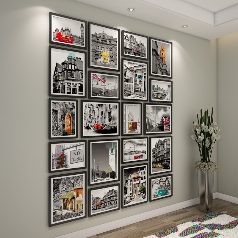 Solid wood large frame photo wall Creative enterprise company culture wall Aisle entrance Living room photo wall Photo frame wall combination