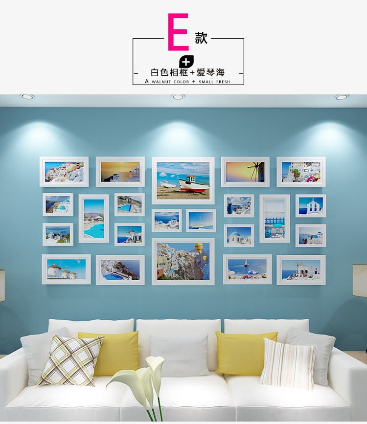 Фотография из натурального дерева, диван, настенная современная и минималистичная фоторамка 