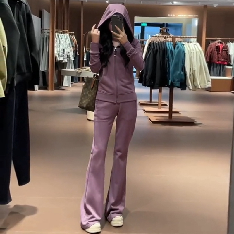 Fashionable Casual Sports Suit for Women 2025 Spring New Slim-Fit Cardigan Hooded Sweatshirt Jacket and Flared Pants Two-Piece Set