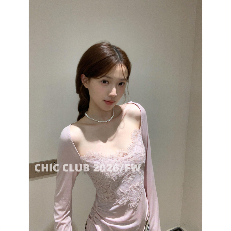 Chic Club 2026/Fw Pure and Elegant Pink Long-Sleeved Lace Top for Women, Autumn Design with a Unique and Niche Style Chic Club 2026/Fw Pure and Elegant Pink Long-Sleeved Lace Top for Women, Autumn Design with a Unique and Niche Style
