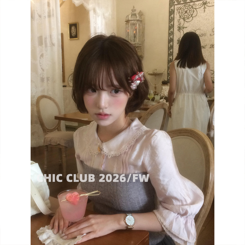 Chic Club 2026/Fw College Letterhead Vintage Girly Pink Doll Collar Knitted Patchwork Shirt