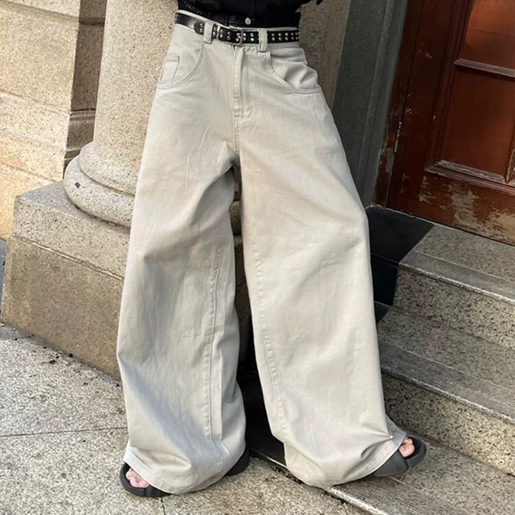 Infinitehf Niche Design Retro Oversized Runway Style Floor-Length Loose High-Waisted Pants Suit Jeans for Men