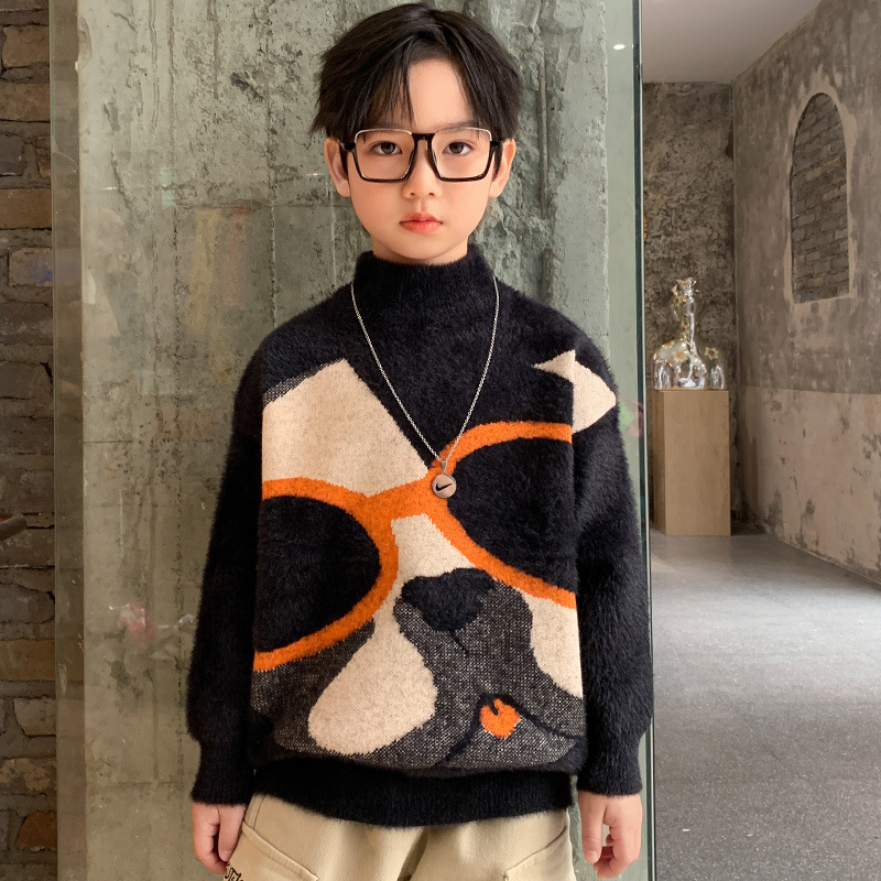 South Korean boy's autumn and winter clothing 2021 new children's sleeve head plus suede thickened with bottom-knit cardiovert blouses