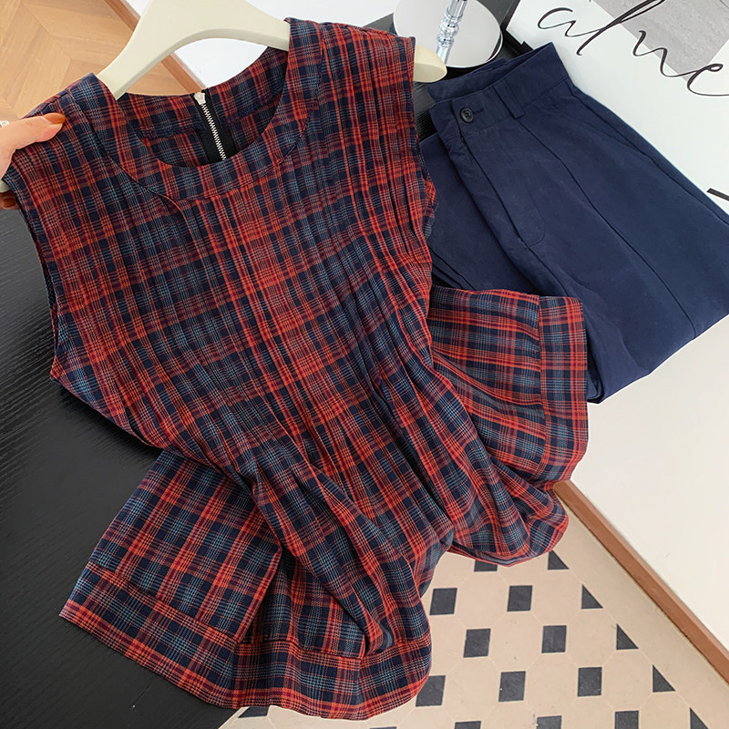 Outlet Brand Discount Clearance Korean Fashion Versatile Retro Style Color-Blocked Plaid Sleeveless Vest for Women