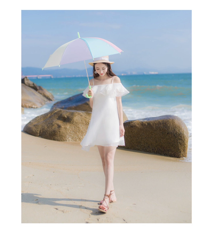 2018 mùa hè mới của phụ nữ quây vai kỳ nghỉ bãi biển váy organza dây đeo váy Một từ váy đầm chữ a cho người mập