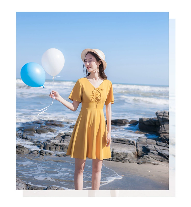 Arlene 2018 mùa hè mới Hàn Quốc phiên bản của tự trồng ngắn tay V-cổ khí A-line váy đầm ren váy váy