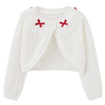 Girls spring and summer long dress with white hollow knitted jacket baby shawl lace bow cardigan