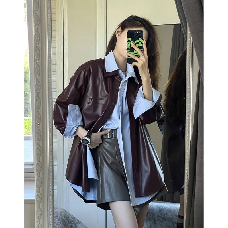 2025 Grape Purple Pu Leather Jacket Women's Autumn Fashion New High-End Vintage Jacket Versatile Shirt