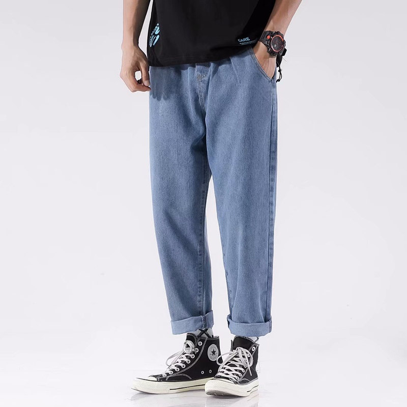 HK style men's trendy ankle jeans loose falling straight wide leg Korean style spring fashion all match old dad pants