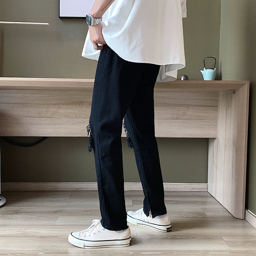 Трендовые черные джинсы для отдыха, приталенные штаны, в корейском стиле