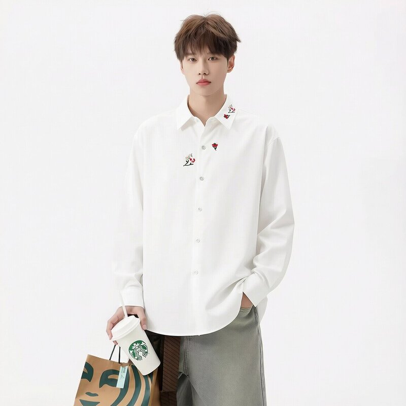 American-Style Floral Embroidery White Shirt for Men, Trendy Brand, Lazy Chic, High-End Feel, Korean Version, Unique and Super Stylish Shirt Jacket