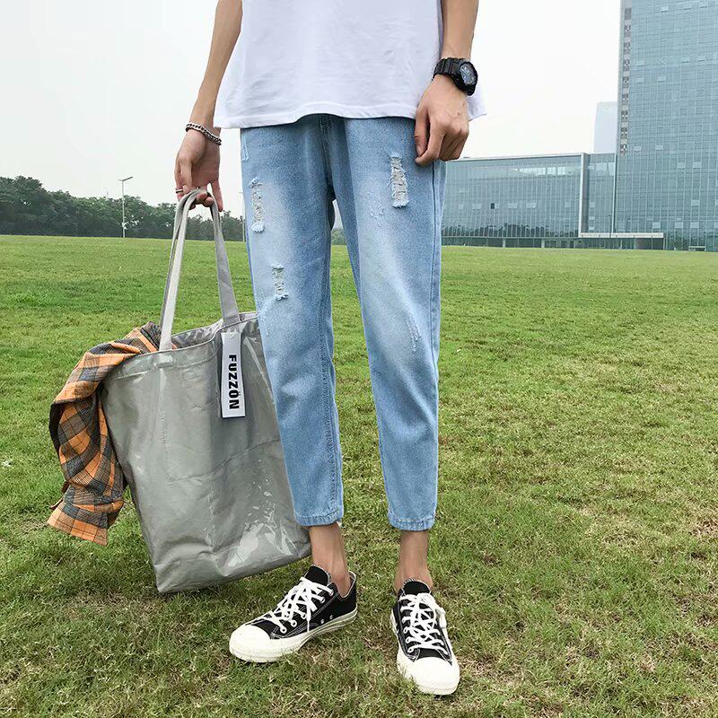 Summer jeans Men's body Han version Trend Loose Tide Cards Light Blue Breaking Hole 80% 90% Little Foot Casual Pants