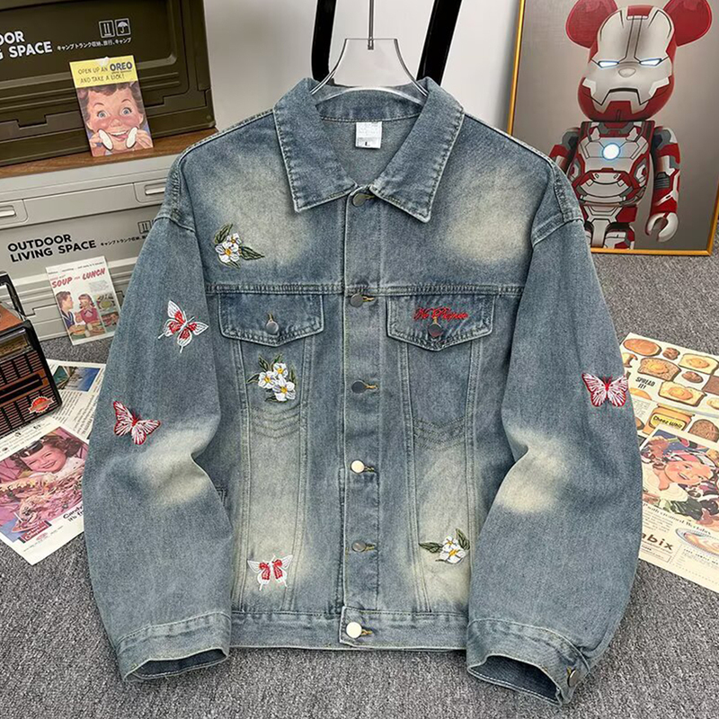 Butterfly Floral Embroidered Denim Jacket for Men, Heavy-Duty, Cool American Style, Washed and Distressed, Couple Style, Spring and Autumn Jacket Top