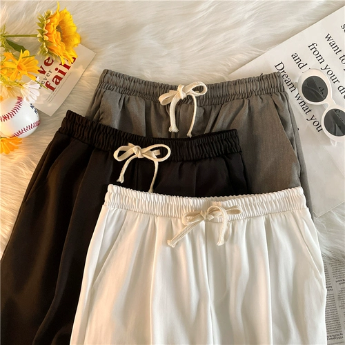 Летние шелковые однотонные штаны, повседневные брюки, эластичная талия, свободный прямой крой