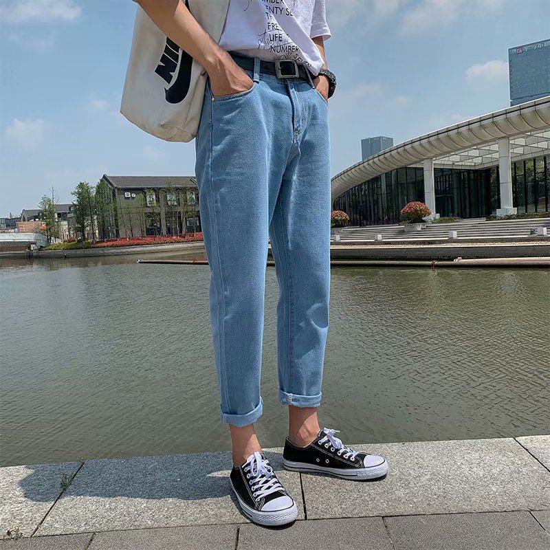 Spring thin nine-point jeans men's tide brand slim feet Korean version trend all-match light color 9 points casual pants