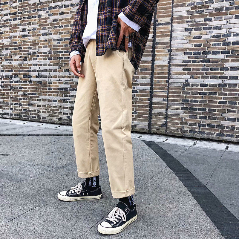 Spring and autumn elastic waist straight casual pants 9 points pants men's loose trendy Korean version men's solid color trousers