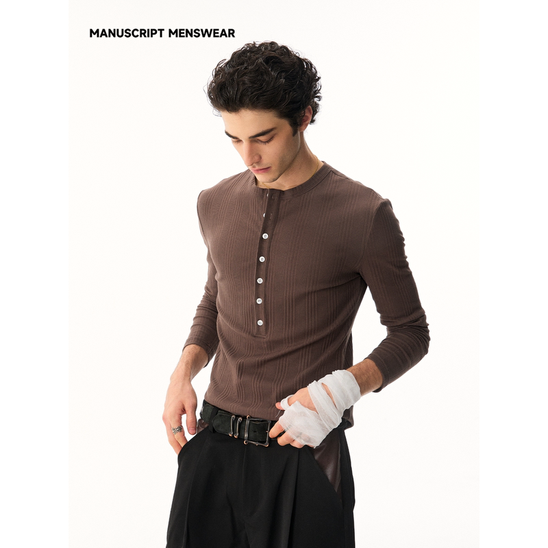Manuscript Deep-Buttoned Textured Base Layer, Slim Fit, Henley Collar, Ribbed Fleece Long-Sleeve T-Shirt