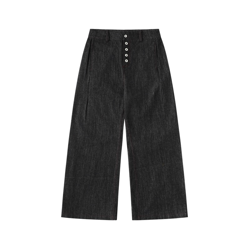 Manuscript Five-Button Curved Hem Raw Denim I-Shaped Pleated Wide Low-Rise Banana Pants with Purple Stitching Denim Trousers Manuscript Five-Button Curved Hem Raw Denim I-Shaped Pleated Wide Low-Rise Banana Pants with Purple Stitching Denim Trousers