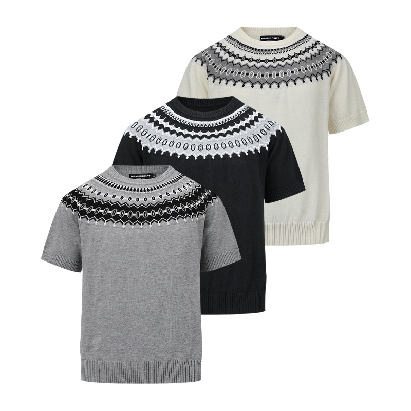 Manuscript Fair Isle Knitted Wool Short-Sleeve T-Shirt, Ice Silk Cool-Feel Wool Blend, Smooth and Breathable, Round Neck