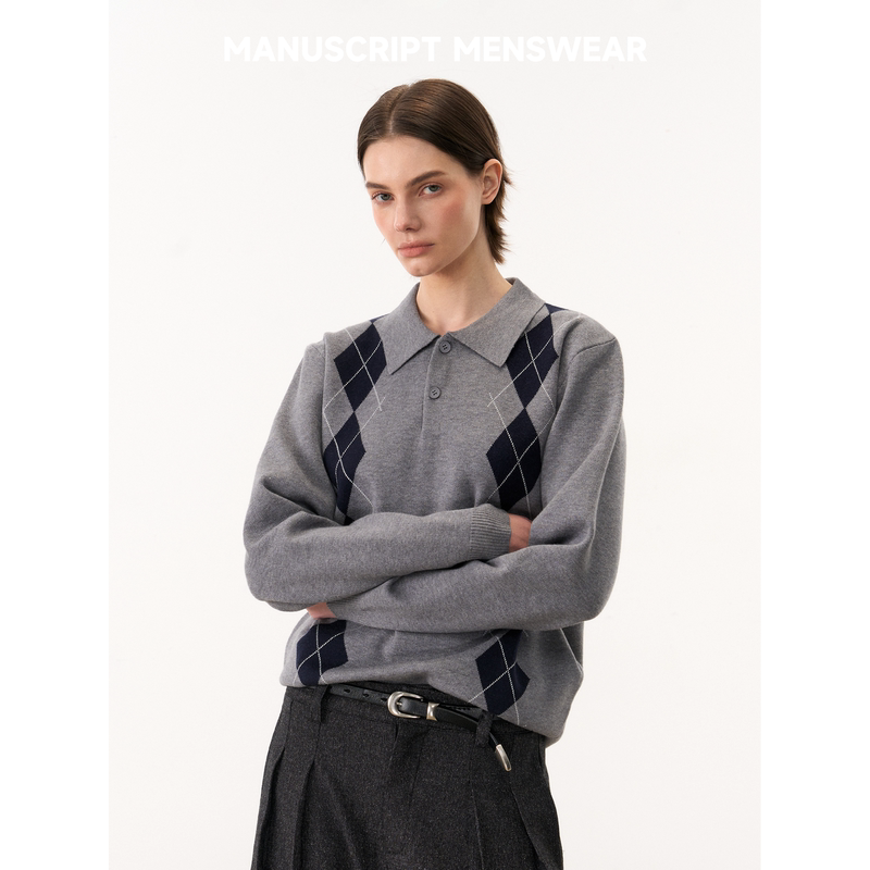 Manuscript Diamond Knit Polo Argenti Jacquard Knit Sweater Miu Series Long Sleeve [Original Authentic]