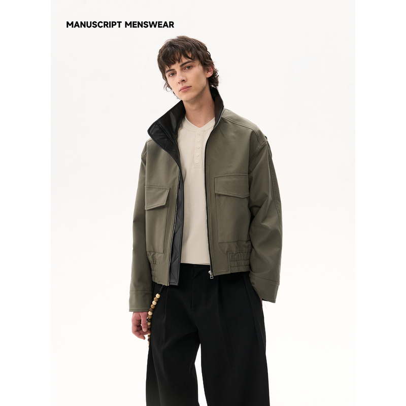 Manuscript Stand-Collar Barn Jacket, Three-Proof, Structured, Short and Wide Barn-Style Cleanfit Casual Outerwear