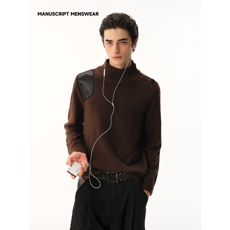 Manuscript Leather Patchwork Button-Up Sweater Slim Fit Lambskin Leather Patchwork Wool Blend Stand Collar Knit Sweater Manuscript Leather Patchwork Button-Up Sweater Slim Fit Lambskin Leather Patchwork Wool Blend Stand Collar Knit Sweater