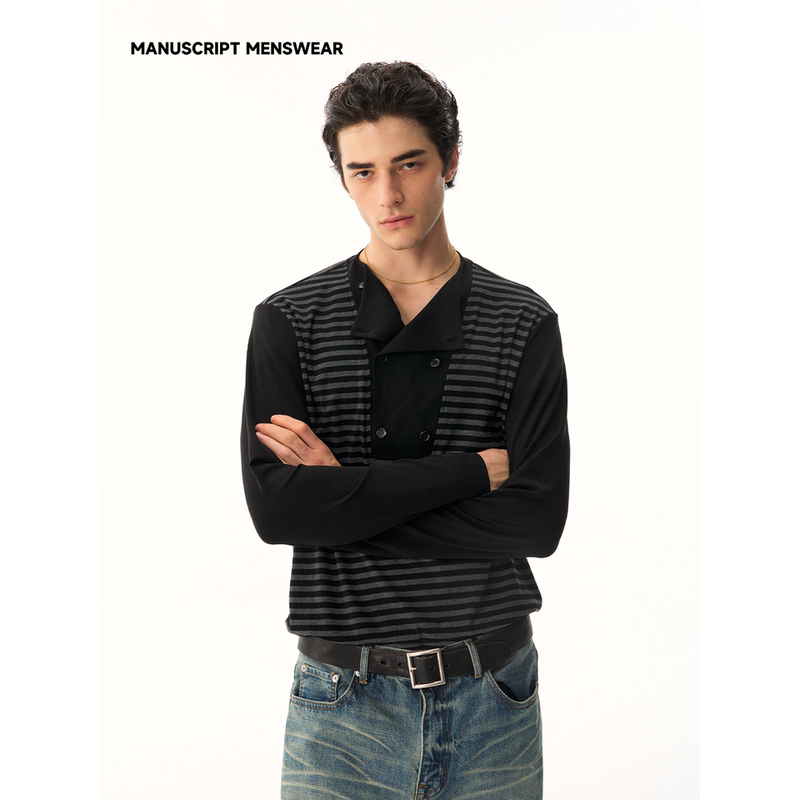 Manuscript Layered Collar Striped Base Layer Color-Blocked Cross-Stitched Stacked Collar Regular Shoulder Cuff Lyocell Long-Sleeve T-Shirt