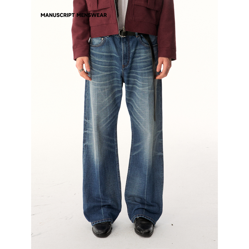 Manuscript Mid-Seam Jeans, Slightly Slim Fit, 14.2oz Weight, Washed and Distressed Straight-Leg Jeans