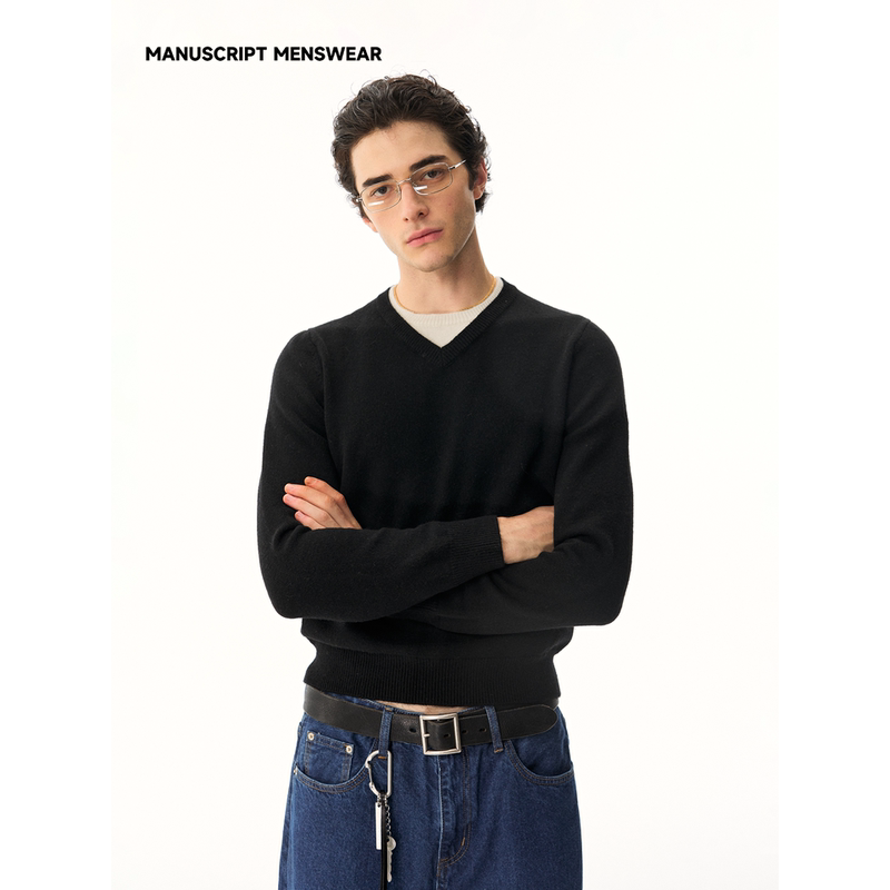 Manuscript Fake Two-Piece V-Neck Sweater, Wool Blend Polo Patchwork Collar, Regular Shoulder, Soft and Fluffy Yarn Knitwear