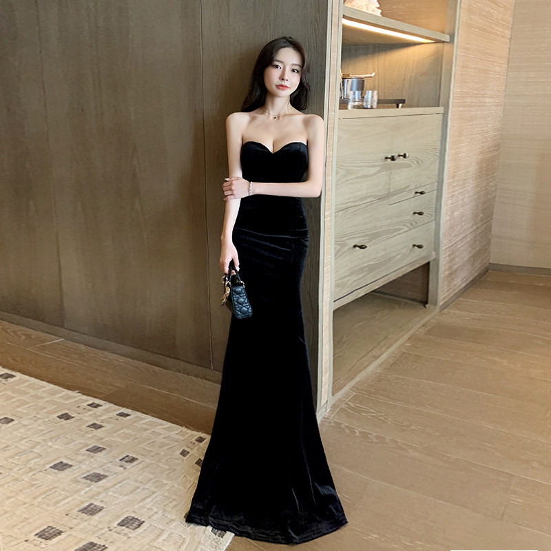 夜场黑色抹胸拖地女长裙裹胸晚礼裙鱼尾主持敬酒服夜总会小姐服