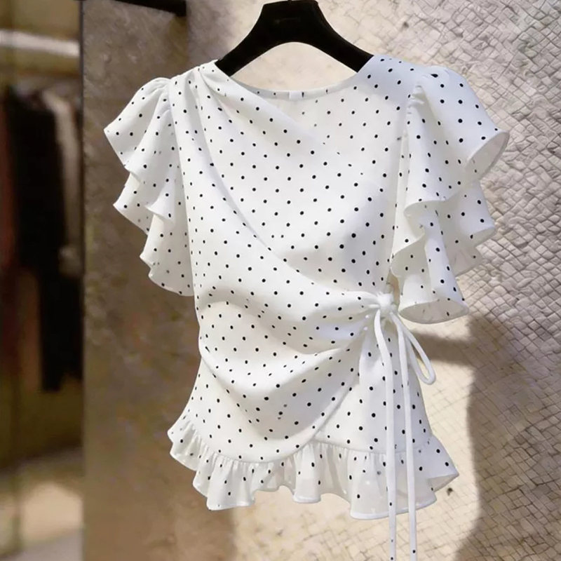 Vintage Polka Dot Ruffled Chiffon Short-Sleeve Shirt for Women, Summer Waist-Cinching Design, Niche Tie-Up Ruffle Top