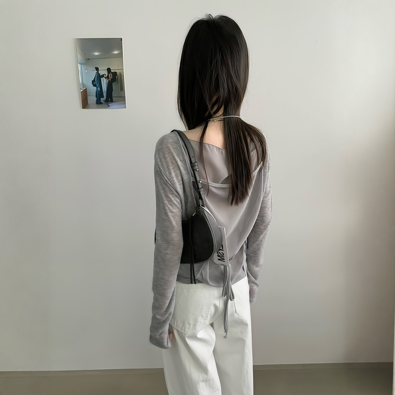 Mesh Patchwork Sun-Protective Long-Sleeve T-Shirt for Women, Spring Thin Style, Loose Design, Unique Tie-Up Trendy Top