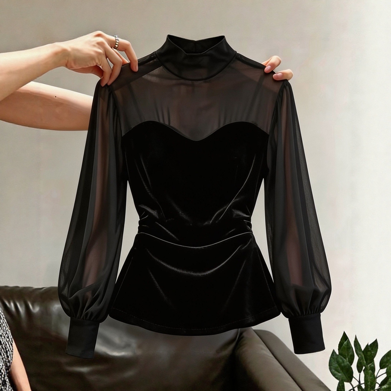 Hong Kong Style Exquisite Black Semi-High Collar Sheer Patchwork Top for Women, Early Autumn Soft and Elegant Slim-Fit Fashionable Cuffed Long-Sleeve Blouse Hong Kong Style Exquisite Black Semi-High Collar Sheer Patchwork Top for Women, Early Autumn Soft and Elegant Slim-Fit Fashionable Cuffed Long-Sleeve Blouse