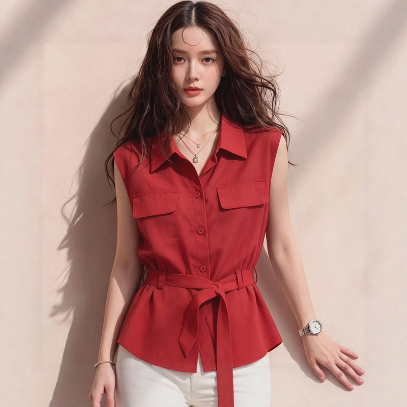 Korean Style Retro Red Lapel Sleeveless Shirt for Women, Summer Waist-Cinching Tie Design, Niche High-End Casual Top Korean Style Retro Red Lapel Sleeveless Shirt for Women, Summer Waist-Cinching Tie Design, Niche High-End Casual Top