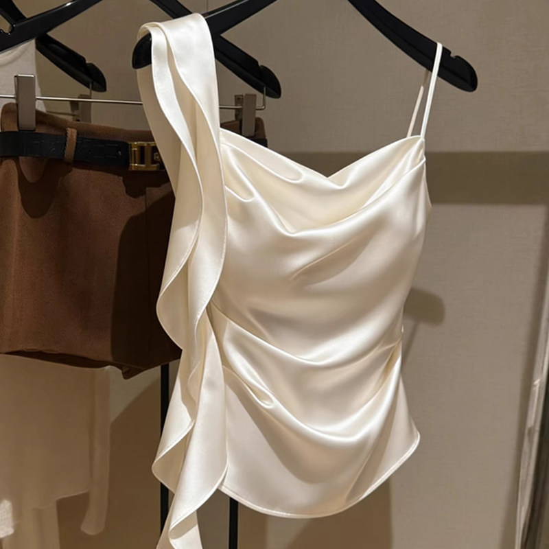 French-Style Elegant Off-Shoulder Sleeveless Camisole for Women, Summer Waist-Cinching Design, Unique Ribbon Pleated Short Top