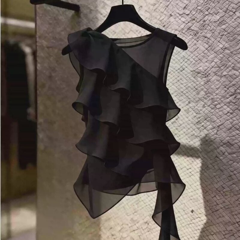 French-Style Black Chiffon Sleeveless Vest for Women, Summer Thin Style with Waist-Cinching Design, Unique Ruffled Edge Top French-Style Black Chiffon Sleeveless Vest for Women, Summer Thin Style with Waist-Cinching Design, Unique Ruffled Edge Top