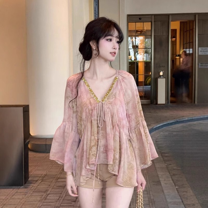 French-Style Heavy Sequin Floral Chiffon Blouse for Women, Summer Thin Design, Niche Gentle Style, Bell-Sleeve Top