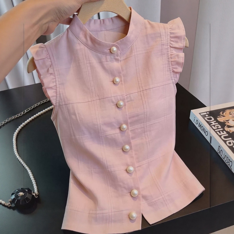 Vintage Youthful Pink Plaid Puff Sleeve Shirt for Women, Summer Waist-Cinching Design, Unique Ruffled Stand Collar Top Vintage Youthful Pink Plaid Puff Sleeve Shirt for Women, Summer Waist-Cinching Design, Unique Ruffled Stand Collar Top
