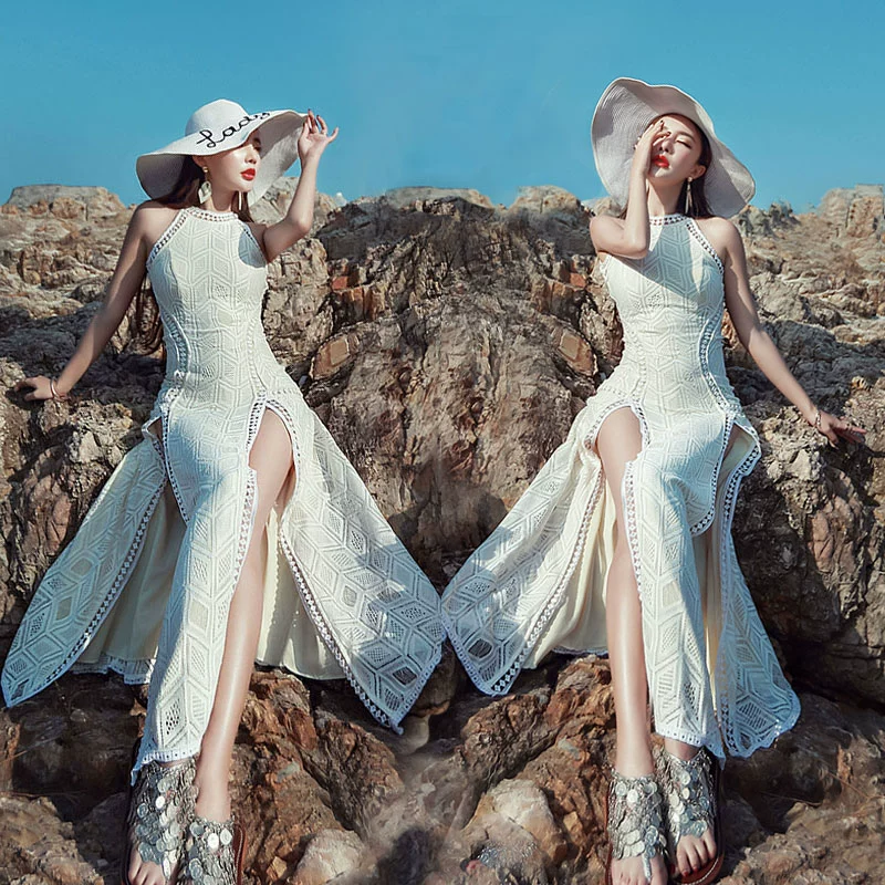 Thái Lan Phuket Bohemia Halter Ren Slit Sanya Seaside Resort Super Fairy Beach Fashion Dress - Sản phẩm HOT