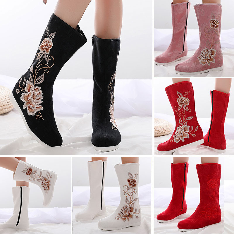 Old Beijing cloth shoes women's inner heightening tea clothes shoes wedge heels ancient costume shoes plus velvet Hanfu high boots ethnic style embroidered shoes
