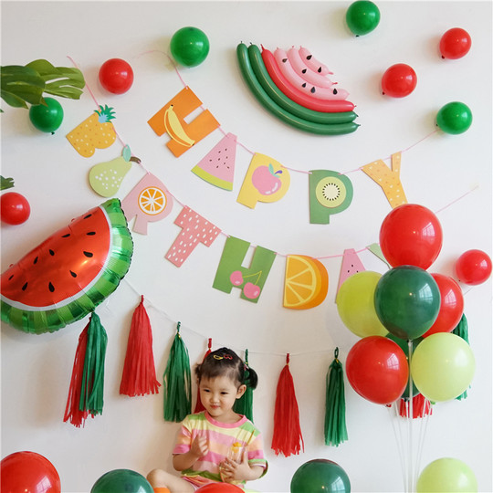 Fruit themed baby first birthday layout internet celebrity ins girl cartoon balloon background wall scene decoration